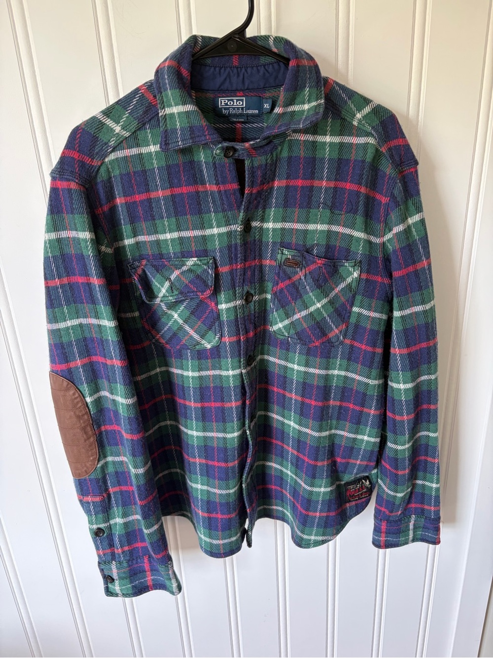 VTG Polo Ralph Lauren Sportsman Plaid Flannel Shirt Elbow Patches Cotton Wool XL
